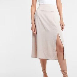 Express Size 4 Bone Colored High Waisted Satin Front Slit Midi Slip Skirt